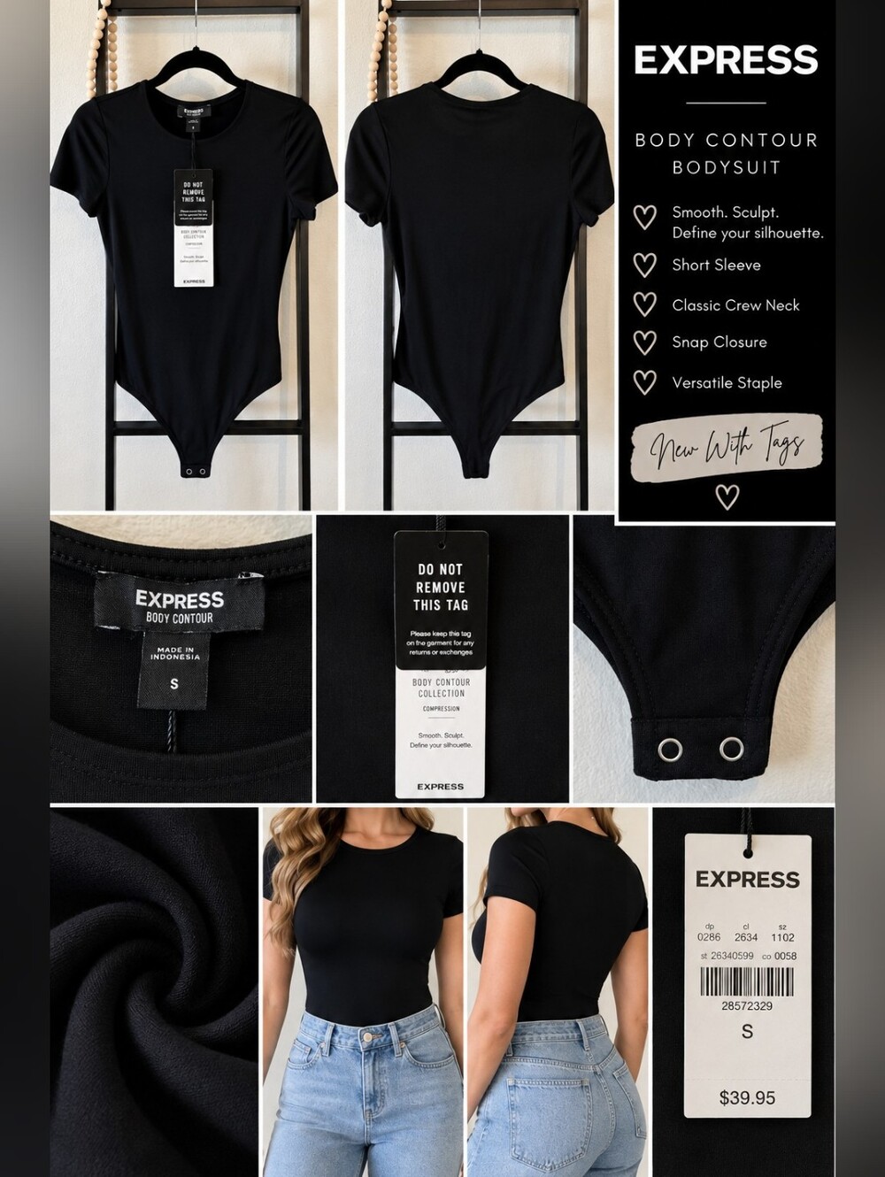 Express Body Contour Compression Short Sleeve Bodysuit – Black – Size Small – NW